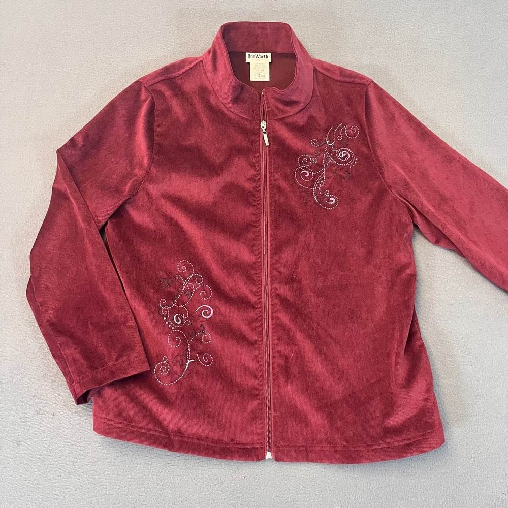 BonWorth Full Zip Embroidered Long Sleeve Jacket Swirl‎ Pattern Sz Sm Petite Red